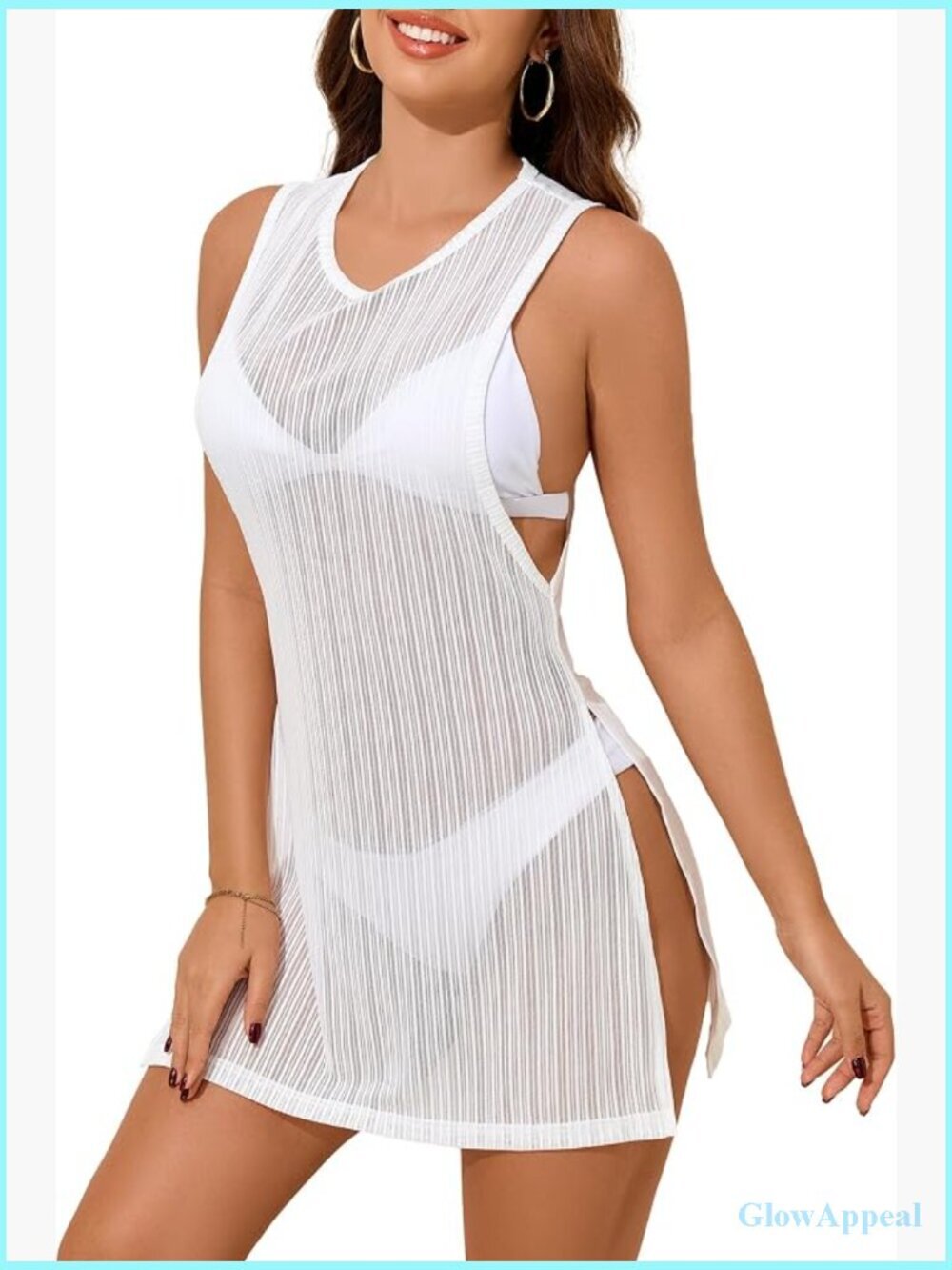 Sheer Mesh Swimsuit Cover Up Sleeveless Side Slit Beach Dress